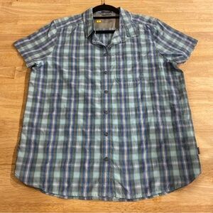 Eddie Bauer Travex Womens Short Sleeve Button Up Shirt Size M Blue Plaid Vented